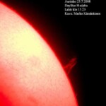 25.7.2008
Auringon aktiivisuus on pikku hiljaa kohoamaan päin. Minimi taittui 4.1.2008
Aurinko 25.7.2008 Lahti klo 15.23 DayStar H-alpha Refr. 158mm/2063mm Canon PowerShot A590 IS Kuva: M.Kämäräinen