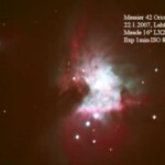 Orion Nebula
Kuvassa on M42, uusien tähtien syntyalue. Messier luettelossa on 110 kohdetta
Orionin kaasusumu M42 22.1.2007 klo 21.58 Meade 16" LX200 GPS-SMT EXP 1min ISO 800 Kuva: M. Kämäräinen & J. Salmi