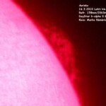 16.3.2010 klo 11.43
Kuvassa suuri protuberanssi joita alkaa Auringon aktiivisuus minimin jälkeen olla enemmän ja enemmän. Wäisälä refr. 158mm/2063mm, DayStar h-alpha, Canon A590IS
Kuva: Marko Kämäräinen